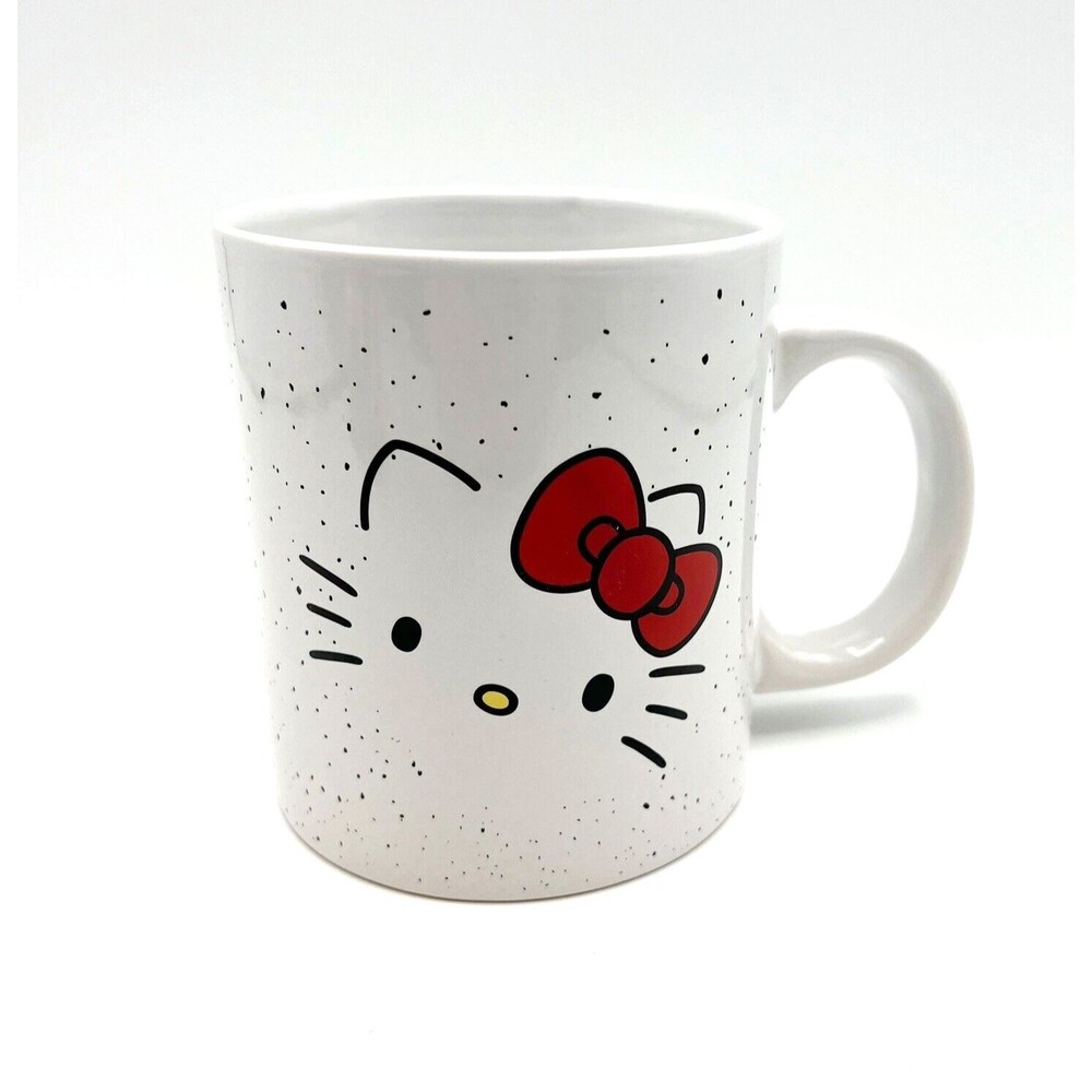 HELLO KITTY Coffee Mug Face Head Ceramic Sanrio Speckled White Large 20oz Cup